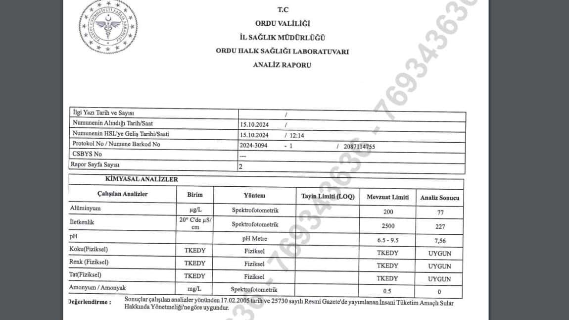 Su Numunesi Tahlil Raporu